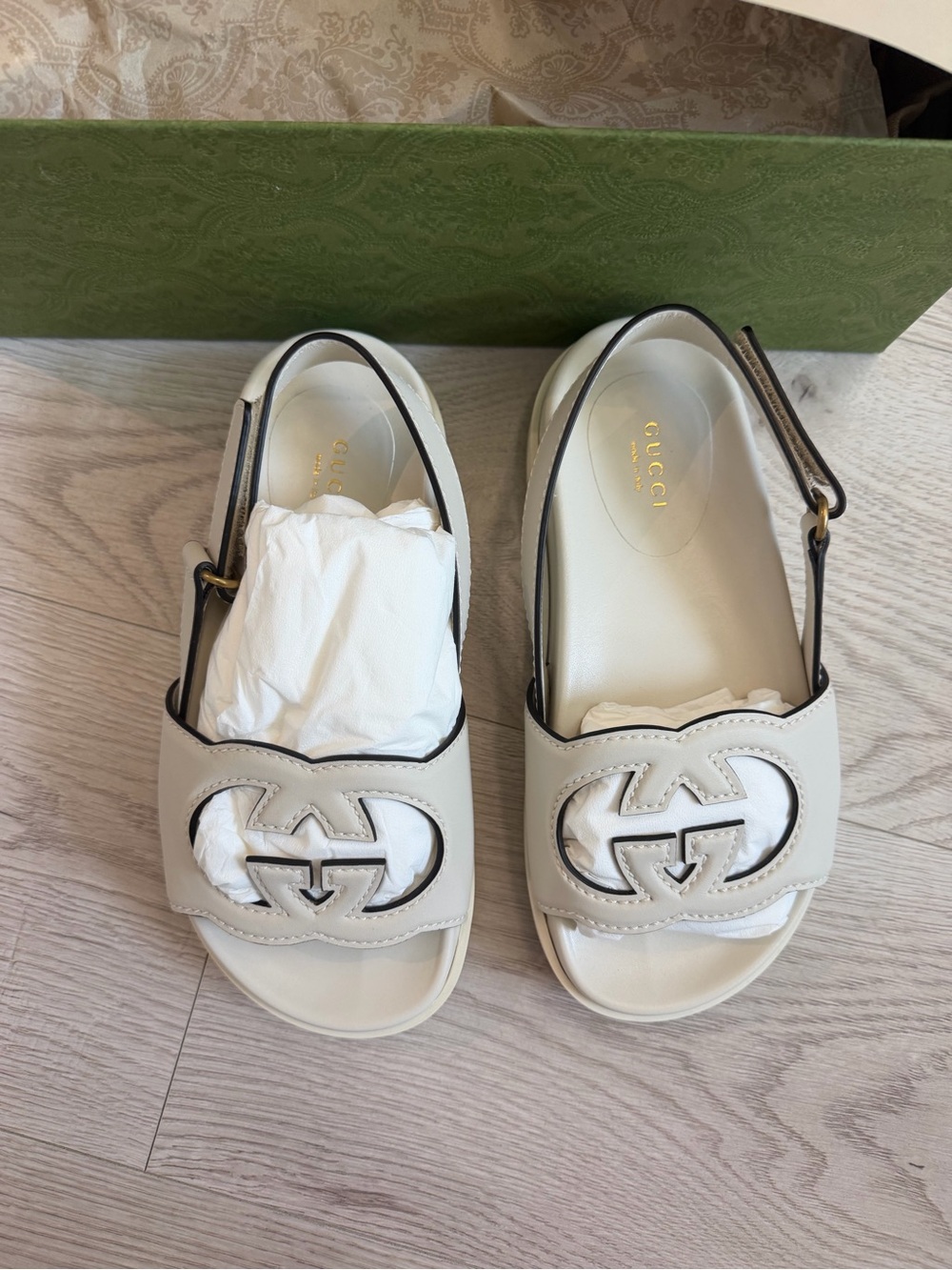 Gucci Cream Leather GG Slingback Sandals